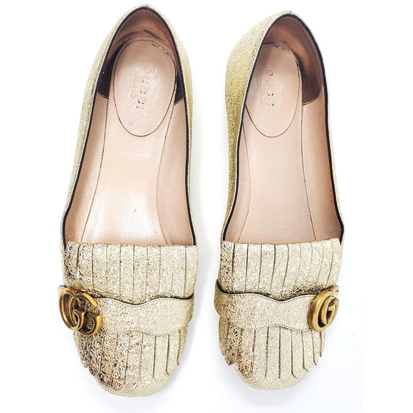 Gucci Shoes GG Marmont GG Logo Gold Metallic Loafers Flats EU 38.5 - Picture 8 of 11